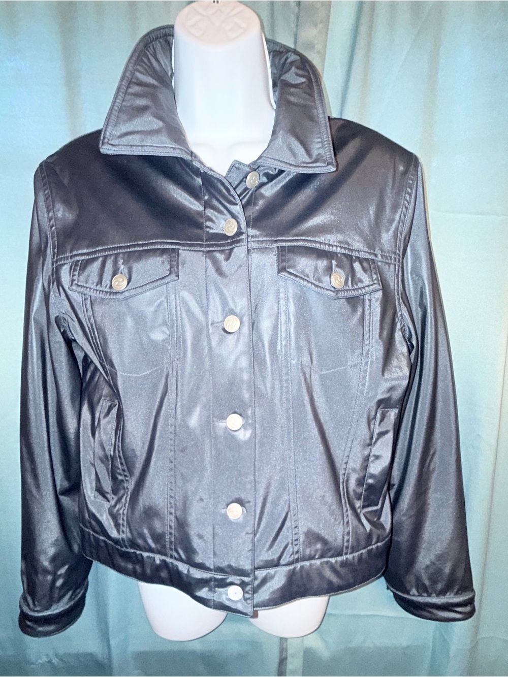 Ellabee Reflective Grey Trucker Jacket  Moto Streetwear Iridescent  Metallic